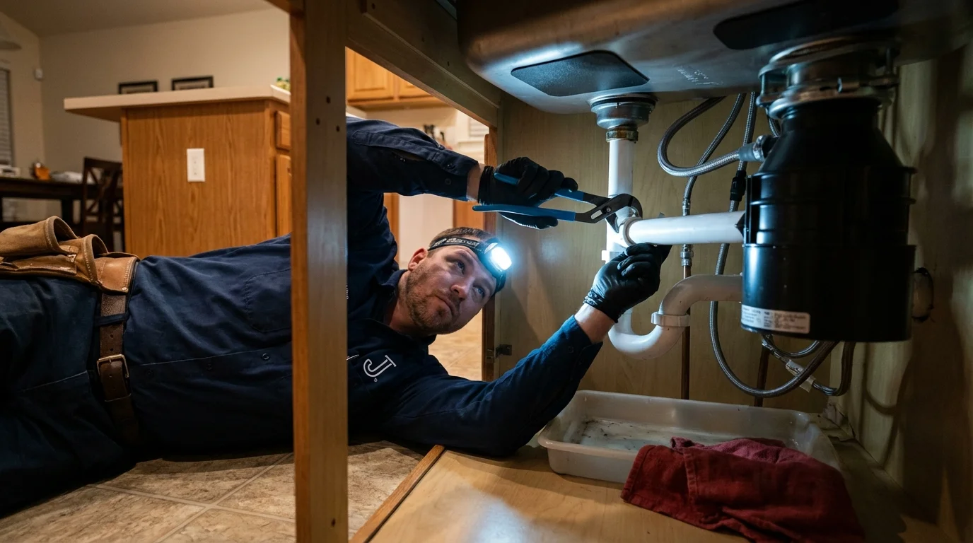 P-trap and supply line connections under a kitchen sink showing a common leak point in Rock Hill, SC
